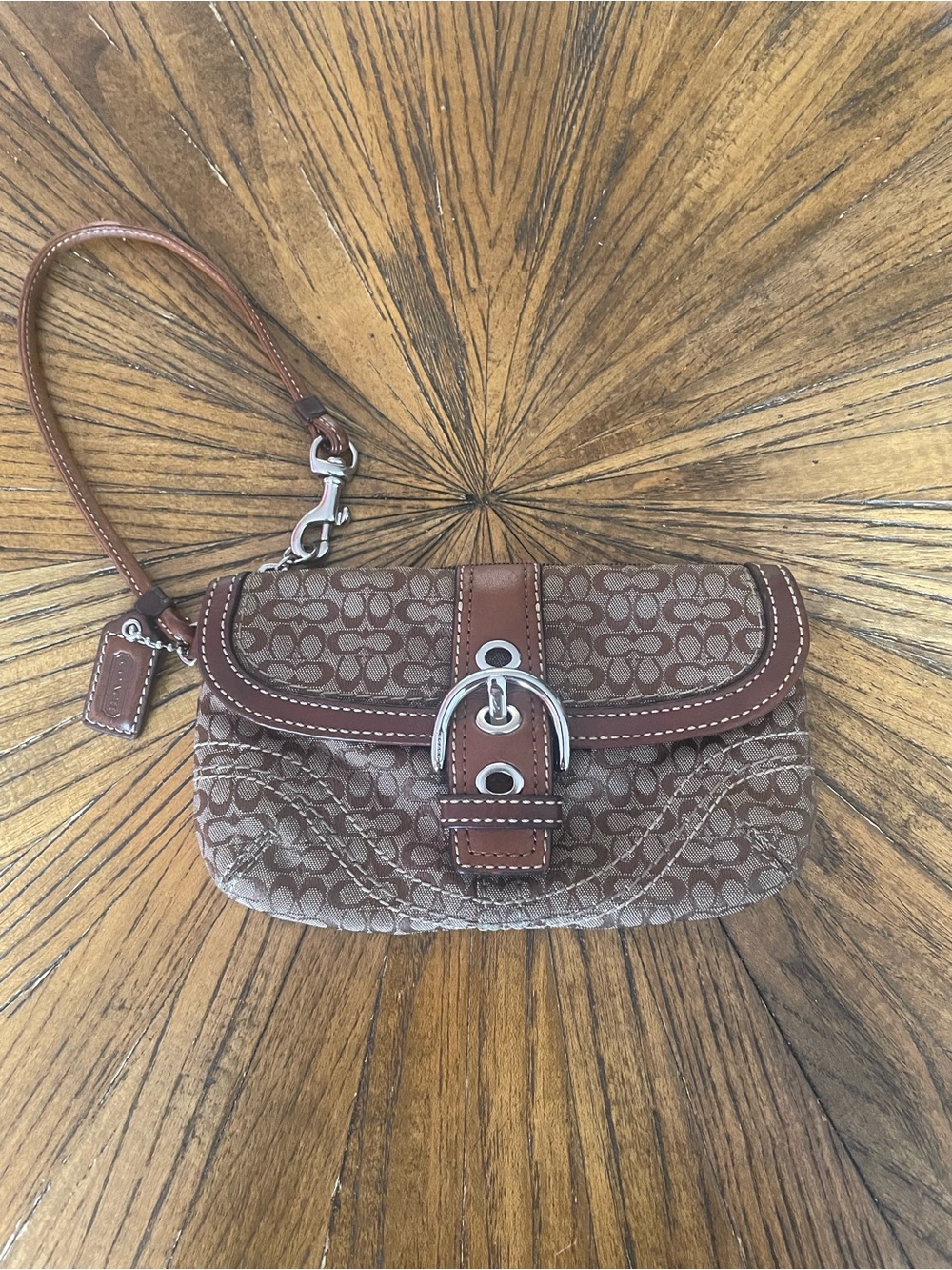 Coach SoHo Y2K Brown Signature Canvas Wristlet with Leather Trim
